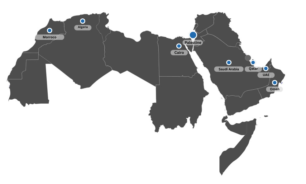 Minimalist outline map of the Arab world showing 22 Arab League countries